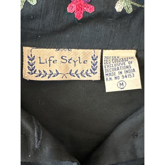 Life Style Black Floral Silk Blend Embroidered Long Sleeve Lightweight Jacket M - Picture 10 of 15